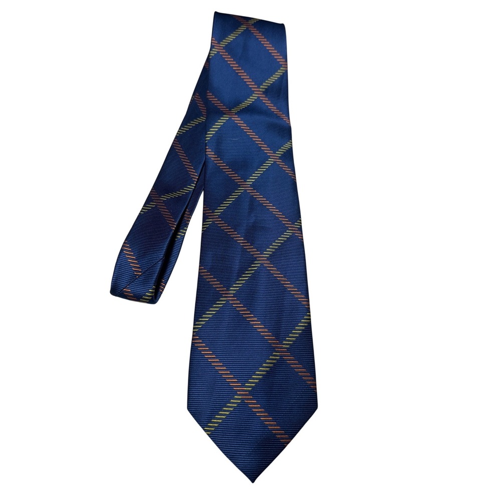 Canda Mens Navy Blue Windowpane Plaid Textured Polyester Necktie Orange Yellow